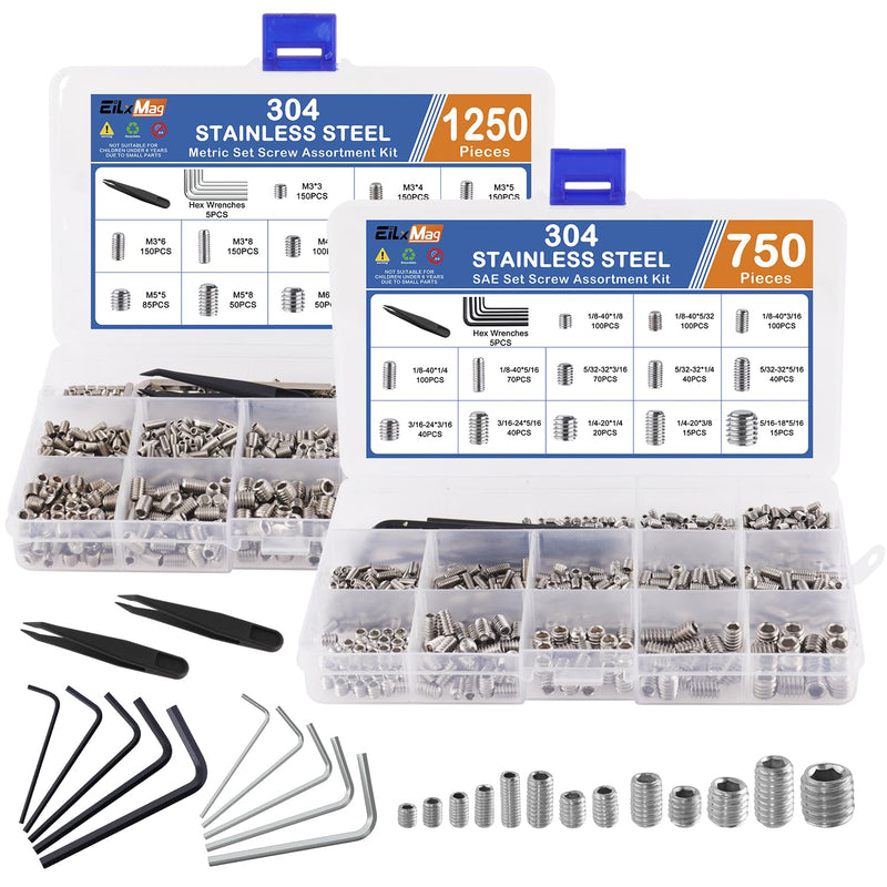 2000PCS Set Screws, 26 Sizes Metric & Sae Set Screw Assortment Kit, Allen Head Hex Socket Head Grub Screws for Bathroom Fixtures, Door Handles, 304 Stainless Steel (M3-M8, 1/8"-40 to 5/16"-18) 2000PCS-Silver