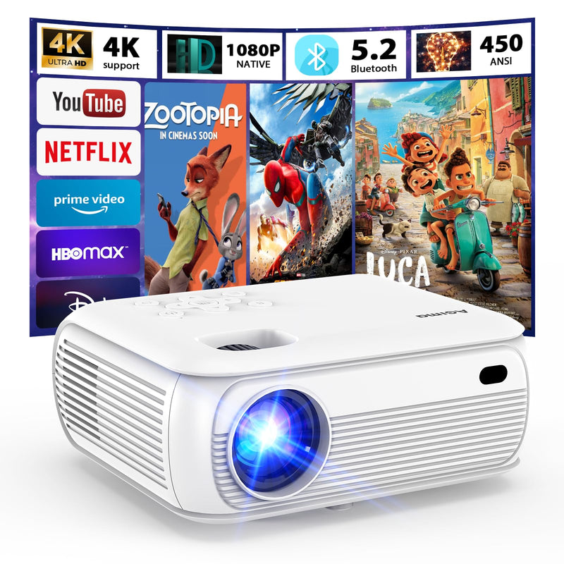 [Smart OS/1080P Native] 4K Projector with WiFi and Bluetooth 1080P Native 4K Support 450ANSI Built-in Apps Smart Android TV OS Projector, WiFi 6, Bluetooth 5.2 & Digital Keystone Projecto, White