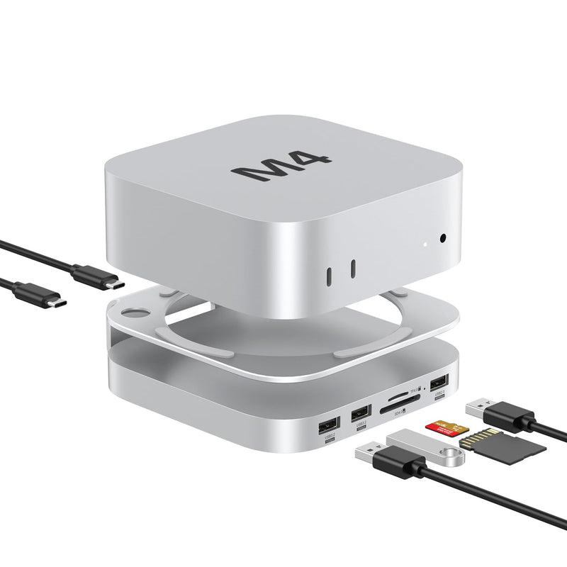 Akyyajaure Mac mini Hub: 9 in 1 Aluminum Stand & Dock for Mac mini M4 Pro with M.2 NVMe SSD Enclosure, 10Gbps USB-A*2, SD/TF Card Readers, USB 2.0 MC60
