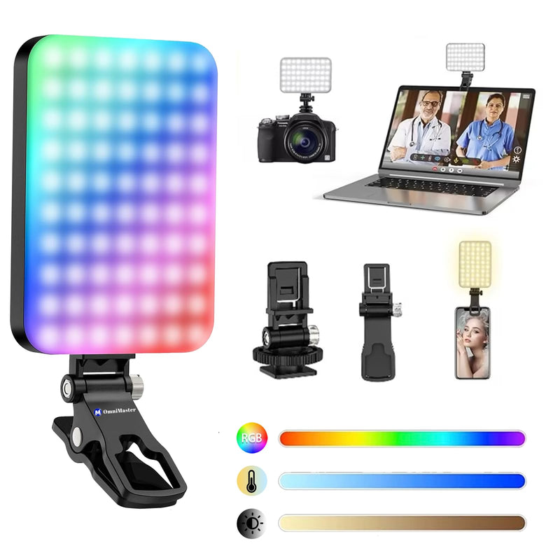 OmniMaster RGB Selfie Light with 2-in-1 Clip & Cold Shoe, 96 LED CRI97+ Portable 360° Video Light for Phone, Camera, Laptop – TikTok, Makeup, Vlogs, Zoom