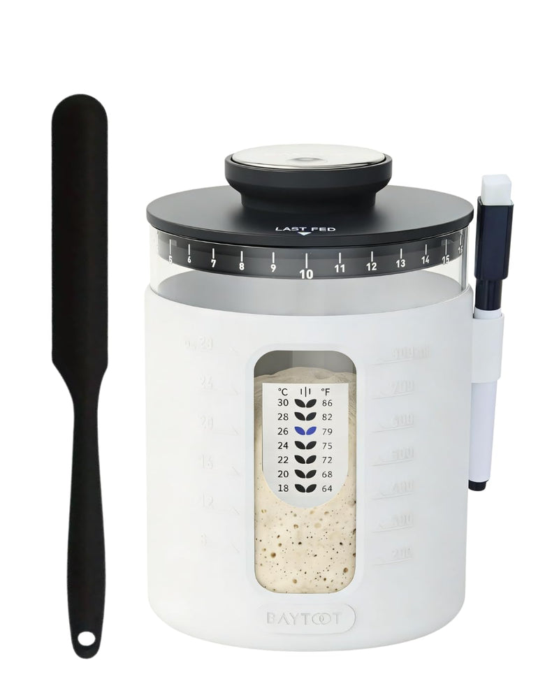 Sourdough Starter Jar Kit 33oz – Wide Mouth Sourdough Fermentation Jar, Upgraded 2026 Sour dough Container Reinforced Thick Glass Base, Airflow Lid, Feeding Tracker & Thermometer (White) white