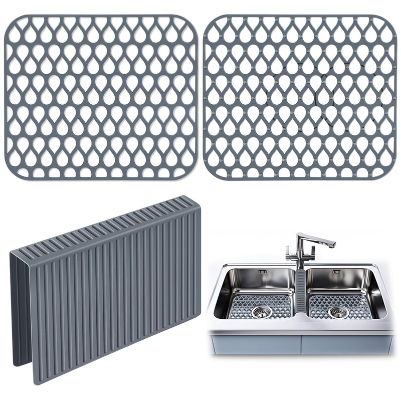 3 Pack Sink Mat and Sink Saddle Set, 13.4 x 11.5 Inch Protectors for Kitchen, Non Slip Silicone Dishwasher Safe, Folding Grid Protect from Stains, Damage, Scratches (Cuttable) Cuttable