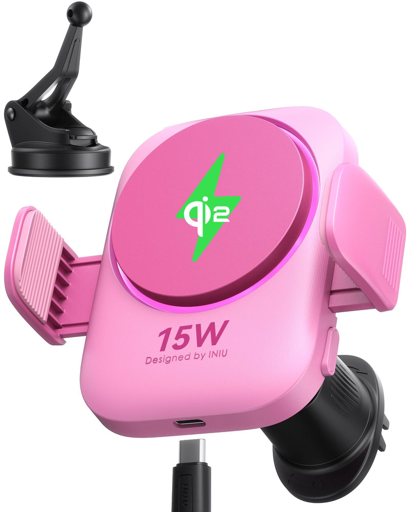INIU Qi2 Certified 15W Car Phone Holder Wireless Charger, Ultra-Stable 22N for MagSafe Car Mount Charger with Cooling Fins & RGB Lighting Only for iPhone 16/15/14/13/12 Series, Pink