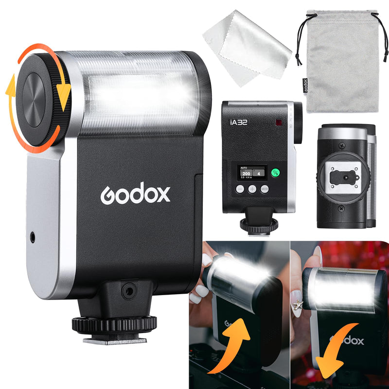 Godox iA32 Mini Automatic Flash for Canon Nikon Sony Fuji Cameras | GN15 Flash Output, Auto and Manual Modes, 8 Power Levels, 2.5s Recycling Time, 490 Flashes, Compact On-Camera Flash Design