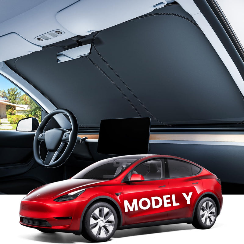 REEVAA 2025 Upgraded Tesla New Model Y (Juniper) Sunshade Windshield [Tailored Fit, 99% Sun Protection] Foldable Sun Shade Accessories with Storage Bag for Model Y 2016-2026, Silver Coating for Model Y (2016-2026)