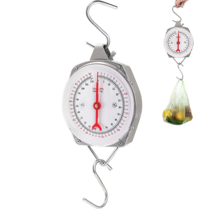 Precision Hanging Scale, 110 LB / 50KG Spring Dial Weight Scale Large Game Scale, Heavy Duty Mechanical Kitchen Weighing Food Scale for Market, Feeding, Kitchen