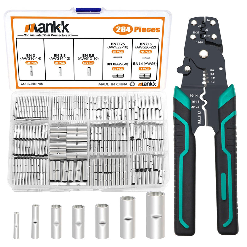 mankk 284PCS Non Insulated Butt Connectors Kit with Crimping Tool 26-6 Gauge Tinned Red Copper Butt Connector Uninsulated Butt Connector Wire Crimp Connectors 284PCS 26-6AWG+Tool Kit-Non Insulated