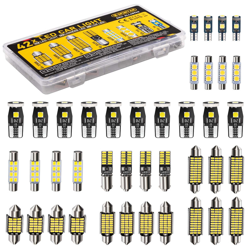Spurtar 42PCS Interior Car Lights Super Bright White Dome Map Tail Cab Lights Bulb Kit Set T5 T10 28mm 31mm 36mm 41mm BA9S 6612F 194 LED Bulb for Trunk Cargo Door Courtesy License Plate Light 42 42 Pieces LED Light Bulb