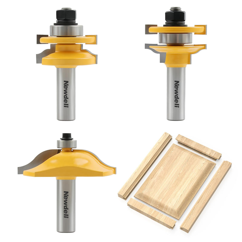 Newdeli 3Pcs Raised Panel Router Bits 1/2" Shank Cabinet Door Router Bit Set (Tenon Cutter Diameter: 1-5/8") Ogee Rail and Stile Router Bits Tongue and Groove Router Bit Set Woodworking Tools Raised Panel Cabinet Door Router Bits 1/2" Shank