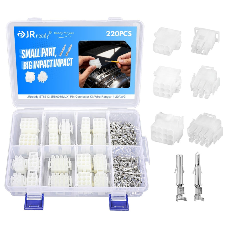 JRready ST6513 220Pcs Pin Connector Kit 6 9 12Pin Electrical Wire Connectors 2.13MM Diameter Terminal 14-20AWG Pin Sockets Compatible with Molex MLX 6.35mm Pitch 10 Match Sets 6/9/12 Pin Standard Molex MLX