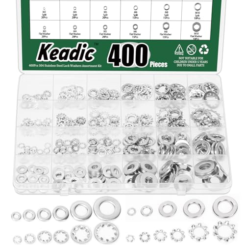 Keadic 400Pcs Split Lock Washer & External & Internal Star Washers and Flat Washer Assortment Kit, 304 Stainless Steel Spring Lock Washers Set- #6,#8,#10,1/4" 5/16" 3/8"(Imperial) Imperial