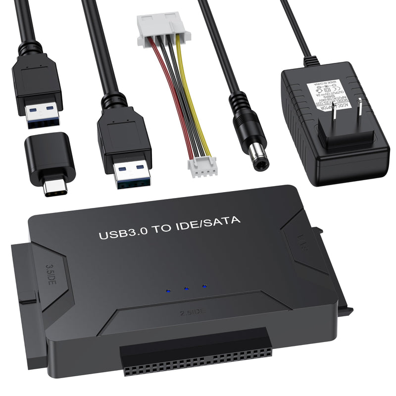Hard Drive Reader USB 3.0 & Type C to SATA IDE Adapter, Internal Data Transfer Recovery Converter Kit with 12V/2A Power for 2.5"/3.5" SATA/IDE HDD SSD Hard Disk Internal Blu-ray Drive, up to 20TB For IDE/SATA