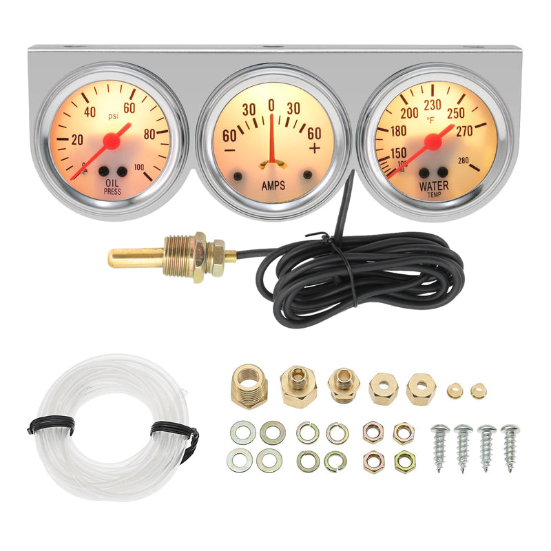 ARTILAURA Triple Gauge Set (Oil Pressure Gauge+ AMP+ Water Temp) 3 in1 52mm 2inch Triple Gauges Dashboard Ammeter Auto 3 Gauge Cluster Kit