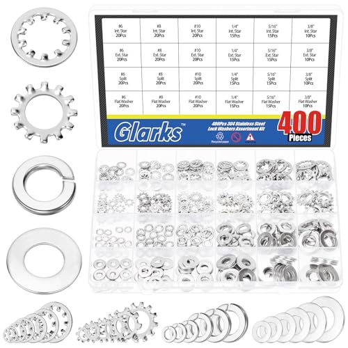 Glarks 400pcs #6#8#10 1/4” 5/16” 3/8” External & Internal Star Washer and Split Lock Washer with Flat Washers Set, 304 Stainless Steel Stars and Split Washers #6, #8, #10, 1/4", 5/16", 3/8"