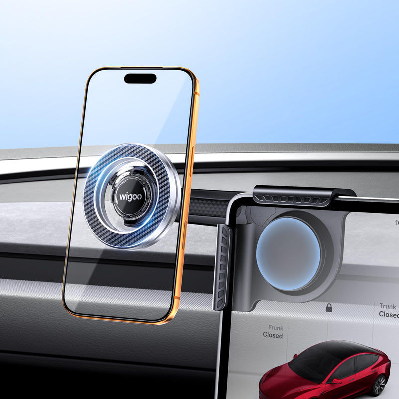 for Tesla Model 3/Y/YL Accessories Magnet Phone Mount, Clamp(No Glue) | Strongest Magnet, No View Blocking, No Glue, Screen Side Holder, Provide Magnetic Ring for MagSafe iPhone 17-12 & Android