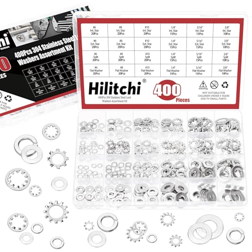 Hilitchi 400PCS 6 Sizes British 304 Stainless Steel External Star Washer Internal Serrated Lock Washer Set Split Washers Quick Speed Locking Washer for Screws Bolts(#6#8#10 1/4” 5/16” 3/8”) British System