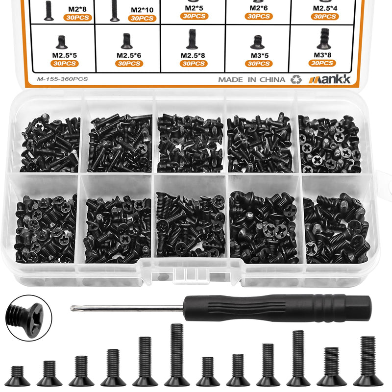 mankk 360PCS Laptop Screws 12 Sizes M2 M2.5 M3 Replacement Computer Tiny Screws Motherboard Screw with Screwdriver for Laptop PC Repair & DIY 360PCS-12 Size