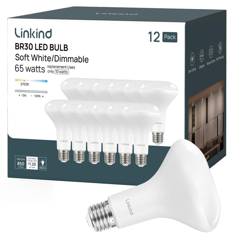Linkind BR30 LED Flood Light Bulbs Indoor, 65W Equivalent Dimmable LED Recessed Bulbs, 10W 850 Lumens, 2700K Soft White E26, UL FCC Certified, Recessed Can Light Bulb for Bedroom Bathroom, 12 Packs 12 Count (Pack of 1)