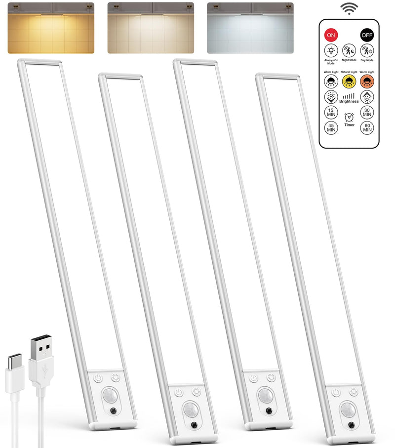 Under Cabinet Lighting Wireless, Rechargeable 62 LED Motion Sensor Light Indoor, 3 Color Temps Closet Lights with Remote Control, Dimmable Magnetic Under Counter Lights for Kitchen, Stairs, 4 Pack White-13 Inch