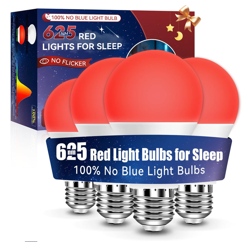 Neporal 625nm Red Light Bulbs for Sleep 9W, 100% Blue Light Blocking Red Night Light, Sleep Light Bulb for Melatonin Promoting, A19 60W Equivalent Dim Light Bulbs for Bedroom, Baby Nursery,4 Packs 9w Red 4