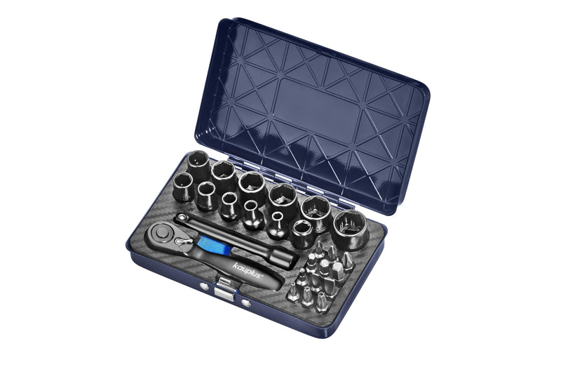26PCS 1/4” Ratchet & Bit Socket Set, Mini 90-Tooth Ratcheting Bit Drive Tools Kit, Non-Slip Metric Socket, S2 Bits, Extension Bar…