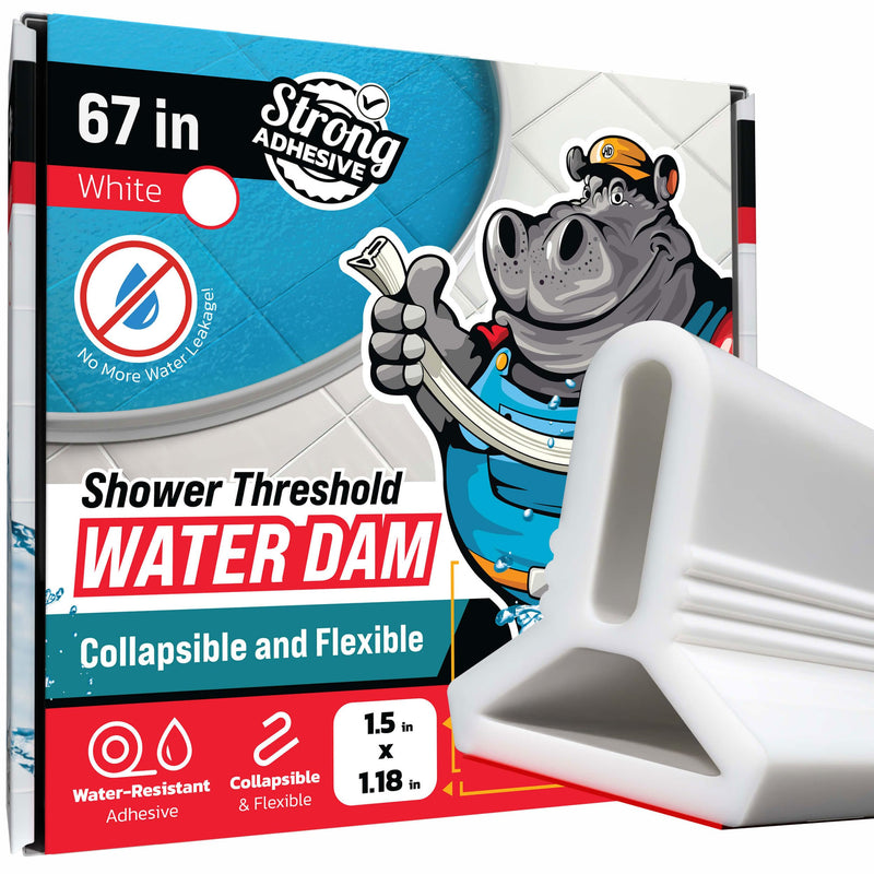 Shower Threshold Water Dam Barrier 67" - White Collapsible Shower Water Blocker - Shower Guard for Walk in Shower - Water Guard Stopper for Floor - Shower Dam - 1.5" Tall - By Hippo Dam 67 In