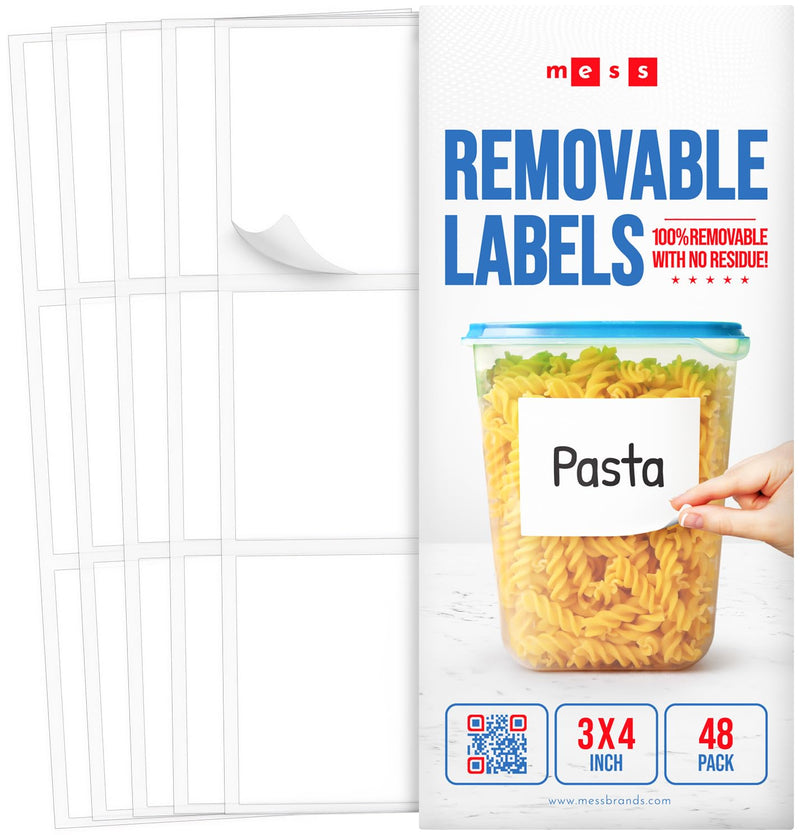 MESS Removable Food Labels for Containers (48-Pack) 3x4" Erasable Kitchen Labels for Organizing, Freezer & Fridge, White Dry Erase Labels for Jars 3x4"