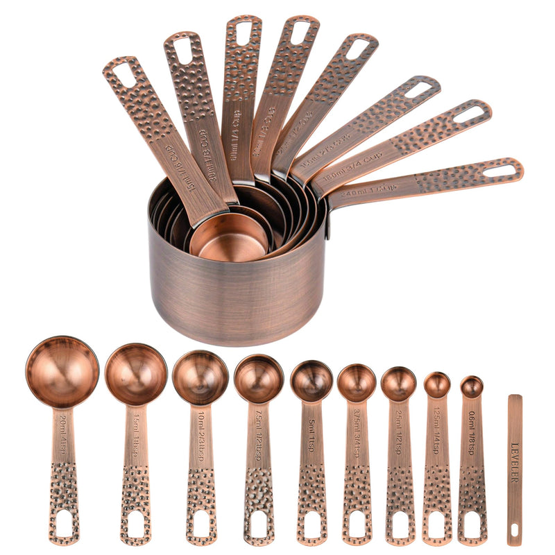 Copper Plated Measuring Cups and Spoons set 18 for Dry & Liquid, Metric & US Stainless Steel Measuring Cup and Spoon Set with Leveler for Baking & Kitchen Copper A: 8cups+9spoons