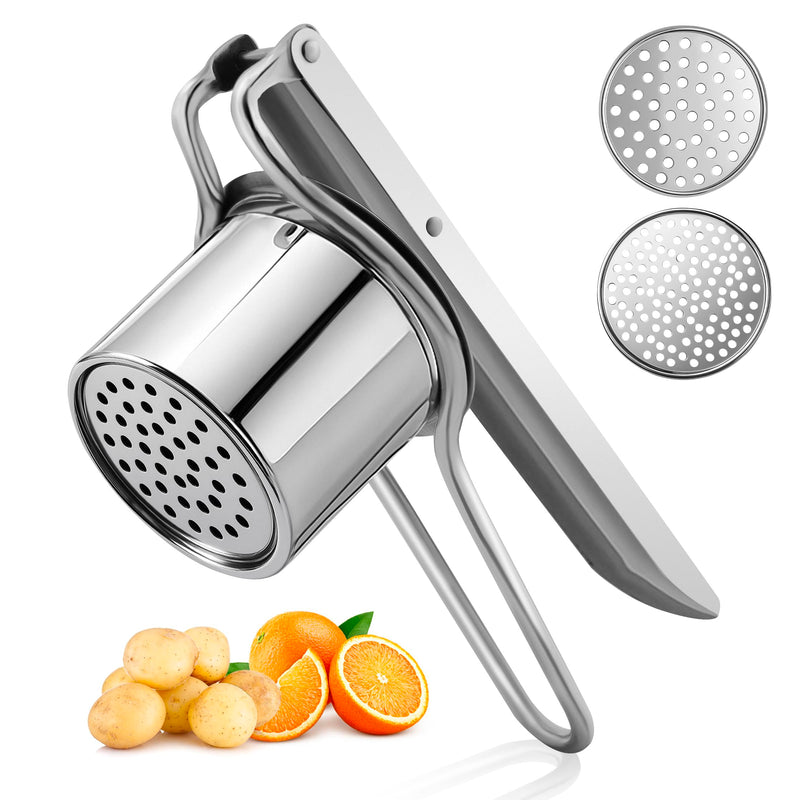 Large 15oz Potato Ricer Masher, Heavy Duty Stainless Steel Vegetable, Fruits Potato Masher and Ricer with 2 Interchangeable Disc kitchen Tool, Press and Mash Kitchen Gadget For Perfect Mashed Potatoes