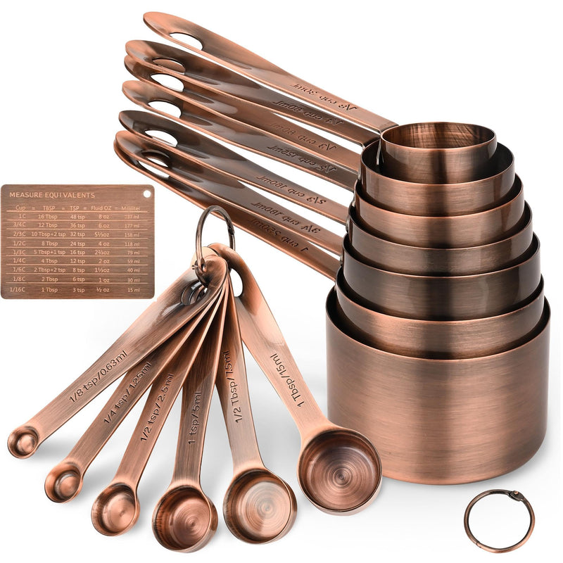 Copper Measuring Cups and Spoons Set 16, Dry&Liquid Stainless Steel Measuring Cups and Spoons, 7 Metric&US Measing Cups & 6 Measuring Spoons & Measure Equivalents for Kitchen&Baking A: 7cups+6spoons Copper