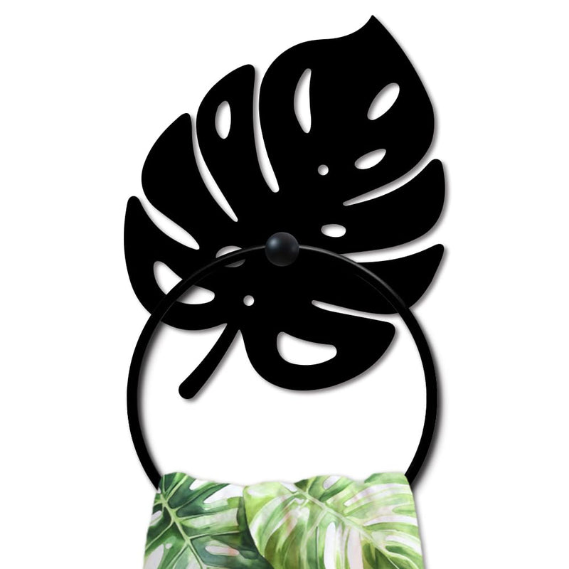 MAYJOYDIY Monstera Leaf Metal Towel Ring Leave Shape Towel Holder Plants Theme Rustic Wall Decor Towel Hanger Black Art Towel Rack Wall Mounted for Bathroom Kitchen Home Decors Gift
