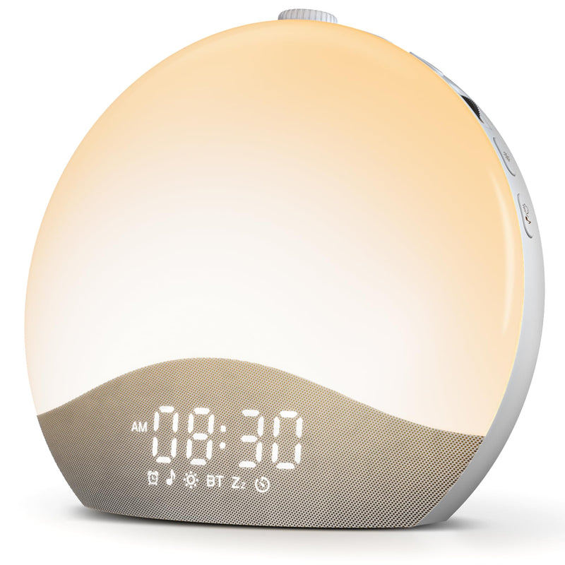 ecozy Sunrise Alarm Clock, White Noise Sound Machine, Alarm Clock for Bedrooms, 26 Soothing Sounds, 17 Night Lights, Bluetooth Speaker, Sunrise Wake-Up Light for Heavy Sleepers, Adults, Kids Grey & White