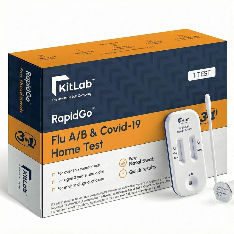 Kitlab™ Covid 19 & Flu A&B 3-in-1 Antigen Rapid Go™ Test, Results in 15 Minutes, OTC Covid 19 & Flu Home Test, with Non-invasive Nasal Swab, Easy to Use & No Discomfort (1Test)