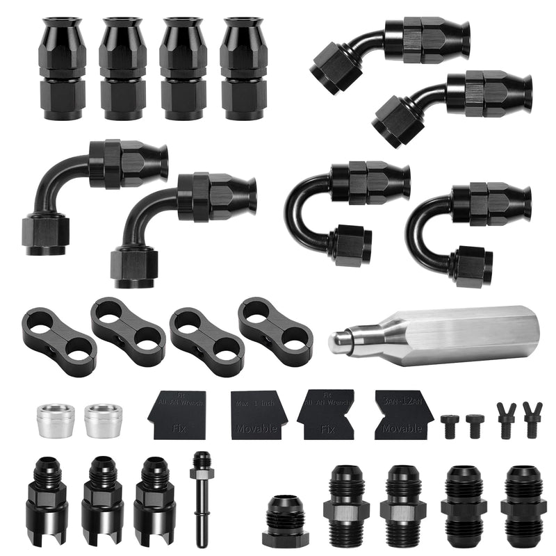 6AN PTFE Hose End Fittings Kit,0/45/90/180 Degree Fittings with Quick-Disconnect Adapters,AN Wrench Protectors & PTFE Hose Assemby Tool For LS Swap EFI System 6AN (27pcs) Black