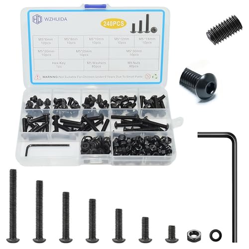 240 Pcs M5 Screws Assortment Kit, M5x6mm/8mm/10mm/12mm/16mm/20mm/25mm/30mm, Metric Hex Button Head Socket Cap Screws Nuts Washers Kit with Wrench, Black Zinc Plated M5 240Pcs 6mm-30mm