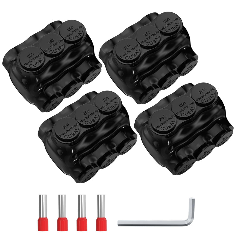 Joinfworld 3 Port Insulated Multi Tap Connector 250MCM-6 Gauge Wire Connectors Aluminum to Copper Wire Connectors Dual Entry Black Electrical Cable Connectors with Slotted Allen Hex - 4 Pack 250MCM-6 AWG