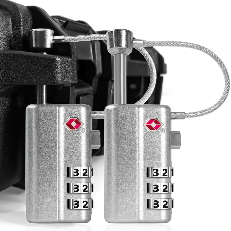 LAFENLIN TSA Cable Lock 2-Pack for Gun Cases, Adjustable Handle, Silver | TSA-approved Locks with Adjustable Alloy Handle for Hard Cases (No Key). 3-dial Combo, Cut-resistant, Weatherproof. Silver Silver - 2 Pack