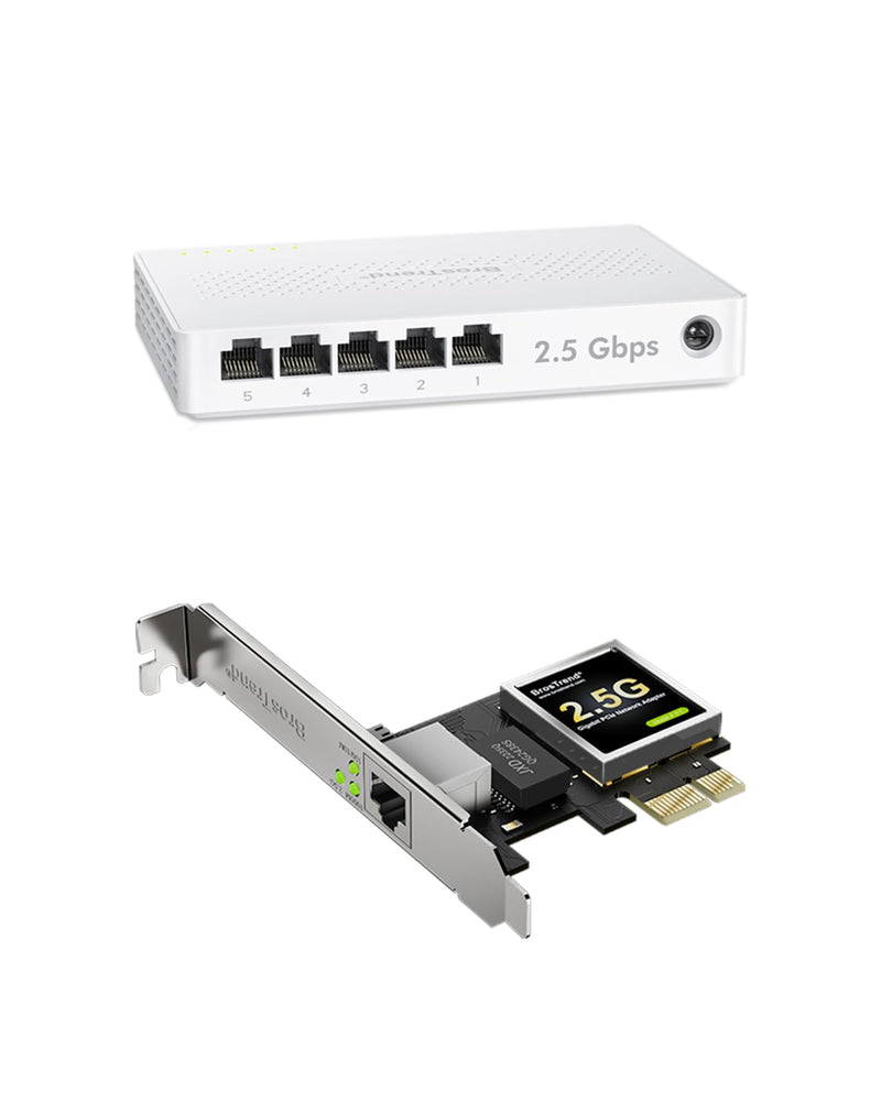 BrosTrend 5 Port 2.5GB Switch, 2.5 Gigabit Unmanaged Ethernet Switch, Fanless Plug & Play + 2.5Gb Network Card, PCIe Ethernet Card with Extra Low-Profile Bracket for Windows, Both Lifetime Protection