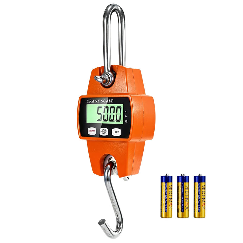 Digital Hanging Scale, 1100lb/500kg Handheld Crane Scale, Small Crane Scale with LCD Display and Hooks, Aluminum Alloy Body for Hunting, Outdoor, Luggage, Farm (Orange) Orange-1100lb