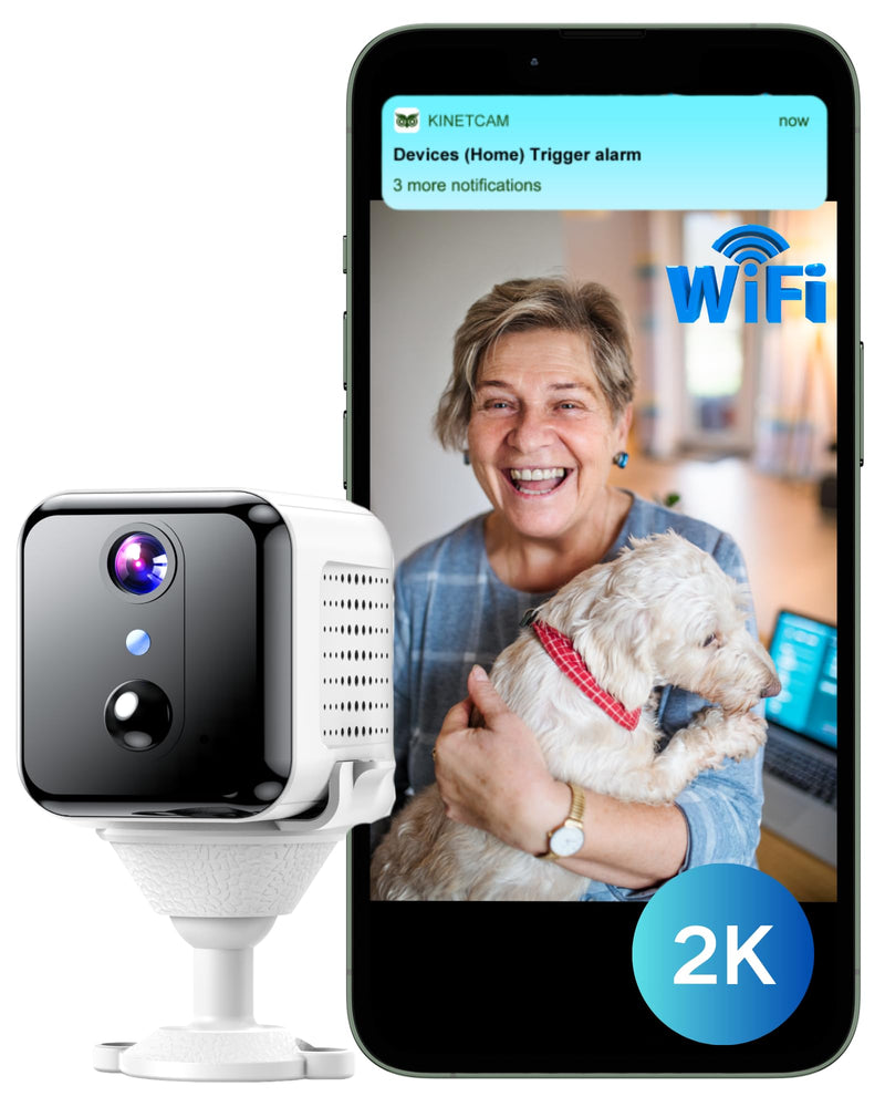 KinetCam Wireless Indoor Security Camera – 2K HD Wi-Fi Camera,Real-time Monitoring with APP, Motion Detect/Instant Notify Alerts,Rechargeable Standby 100-Day Battery WHITE-WiFi