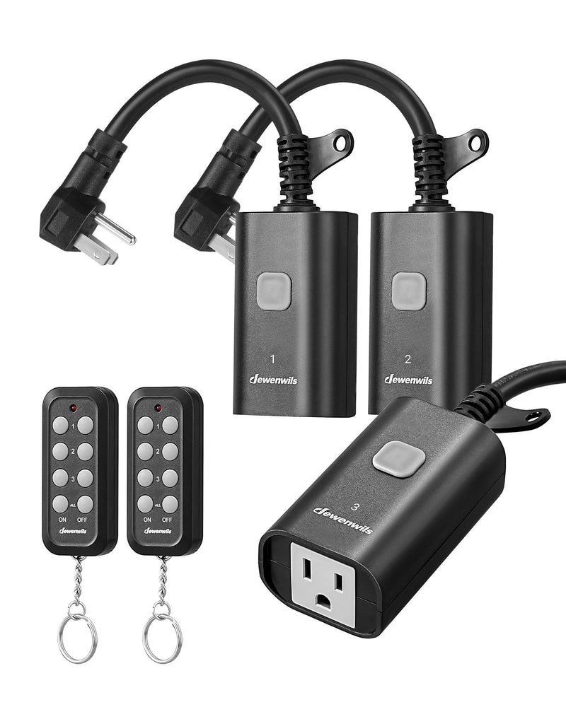 DEWENWILS Outdoor Remote Control Outlet, Weatherproof Heavy Duty 15A Wireless Remote Control Switch, 100FT Control Range, 2 Remotes & 3 Outlets (Battery Included) 2 Remote + 3 Outlet
