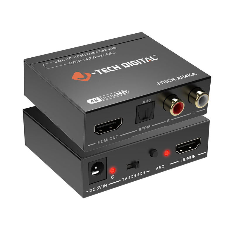 J-Tech Digital HDMI Audio Extractor 4K 60Hz & ARC Support, HDMI to RCA Optical Compatible with Dolby Digital DTS Stereo for Laptop Blu-Ray Gaming Consoles (JTECH-AE4KA) 4K 60Hz Audio ARC Extractor