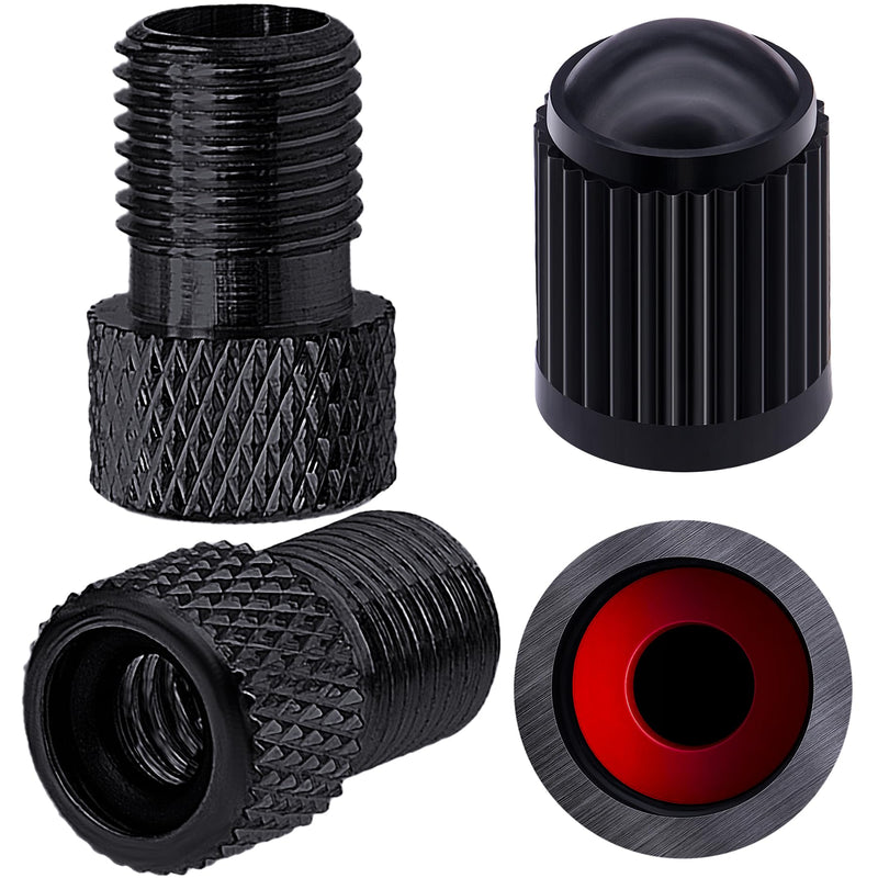 2PCS Presta Valve Adapter, Aluminum Convert Presta to Schrader Adaptor, Inflate Tire Using Standard Pump or Air Compressor for Bikes, 2 x Black Tire Valve Caps(Reticulated Grain Style, Black) 2 pcs + 2 caps 2PCS Black Reticulated Grain Style + 2 Caps