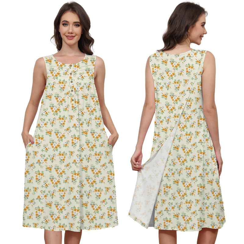 Hospital Gowns for Women Tear Away Snap Open Back Post Shoulder Surgery Sleeveless Adaptive Clothing with Pockets Yellow Flower Small