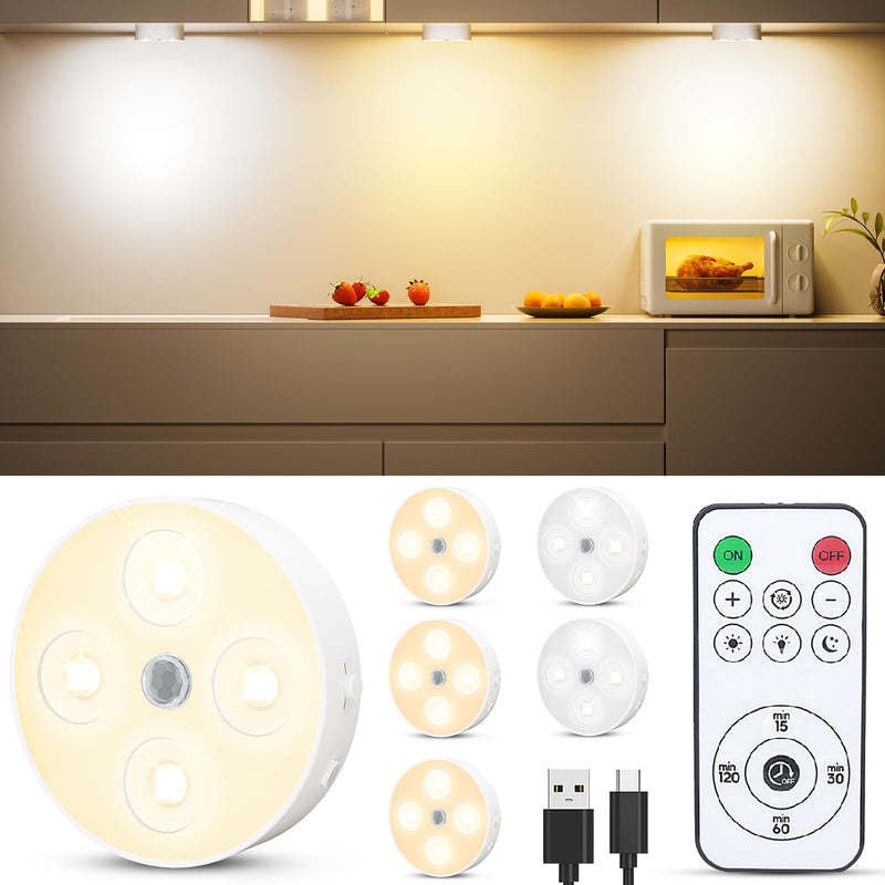 Under Cabinet Lighting, 1500mAh Rechargeable Motion Sensor Puck Lights with Remote, 3 Color Temper, Magnetic Stick on Light, Dimmable Under Counter Lights for Kitchen, Shelf, Closet, Stair, 6Pack 6 Pack Warm White & CoolWhite