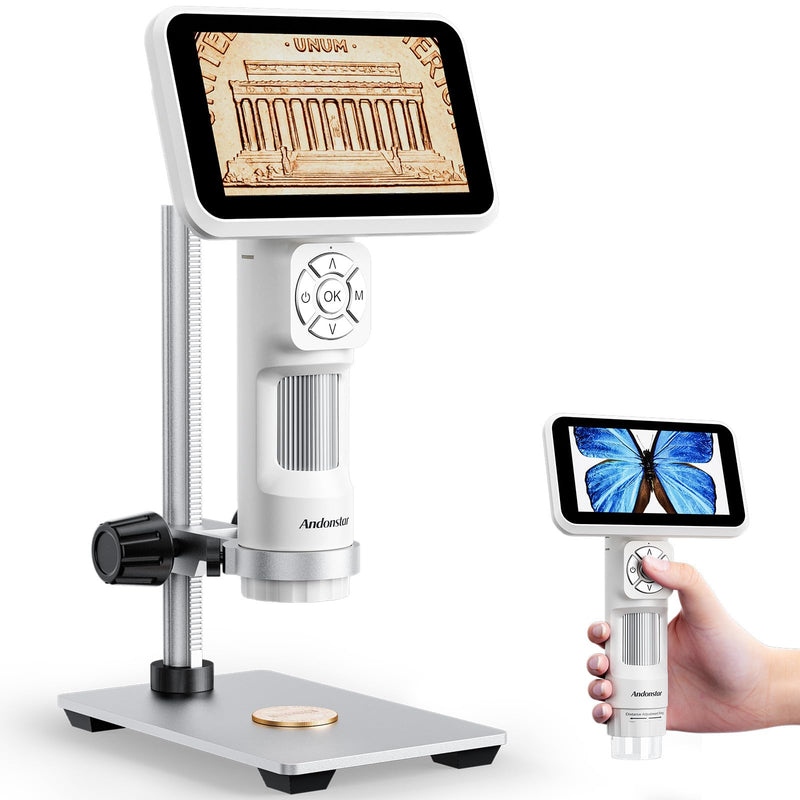Andonstar Digital Microscope, 5" 1080P Coin Microscope Camera for Error Coin with 7.3" Metal Stand for Adults Kids, Handheld USB Coin Magnifier with 8 Adjustable LED Lights, Windows Mac PC White+Traditional Stand