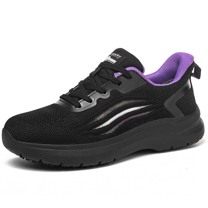 Treesky Black Non Slip Work Shoes for Women, Restaurant & Kitchen Sneakers | Slip resistant soles, lightweight cushioning, breathable knit, removable insole, for nursing, food service & long shifts 8 Black Purple