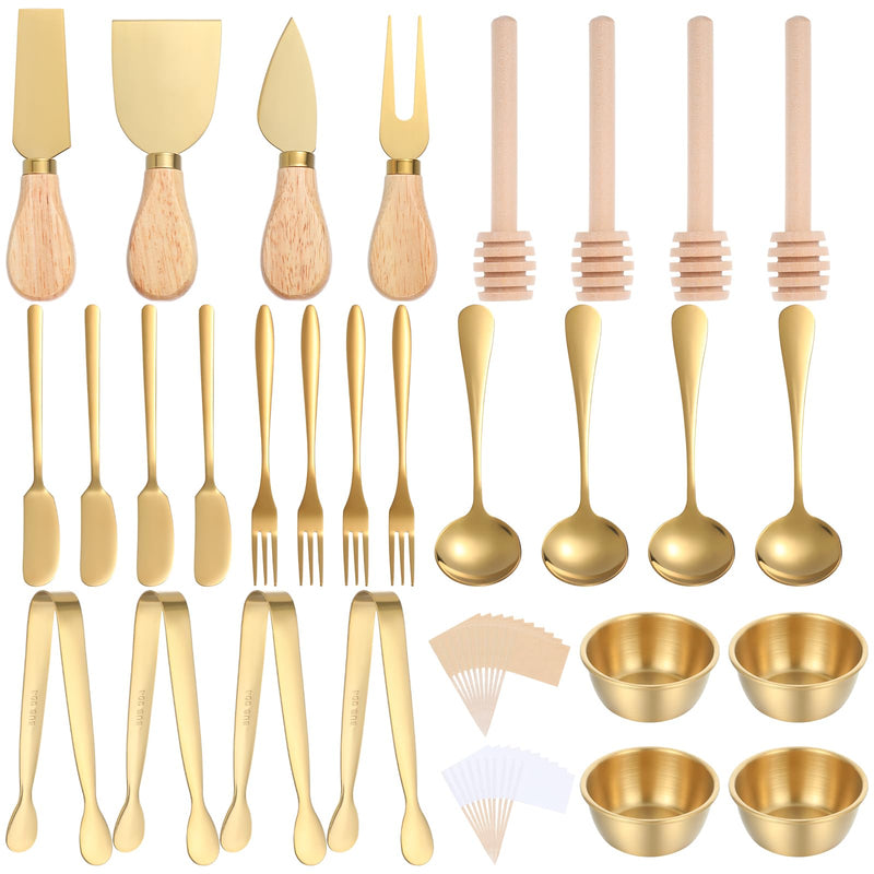 48Pcs Charcuterie Boards Accessories Gold Charcuterie Utensils Butter Spreader Knives Set Stainless Steel Cheese Mini Serving Tongs Spoons Forks Dipping Bowls Toothpick Flags Utensil for Pastry Making