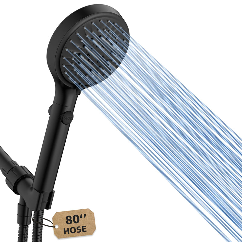 FASDUNT Shower Head with Handheld, High Pressure Handheld Shower Head with 80" Extra Long Stainless Steel Hose & Adjustable Bracket, Showerhead with ON/OFF Switch, Black 6 Spray-Settings Matte Black