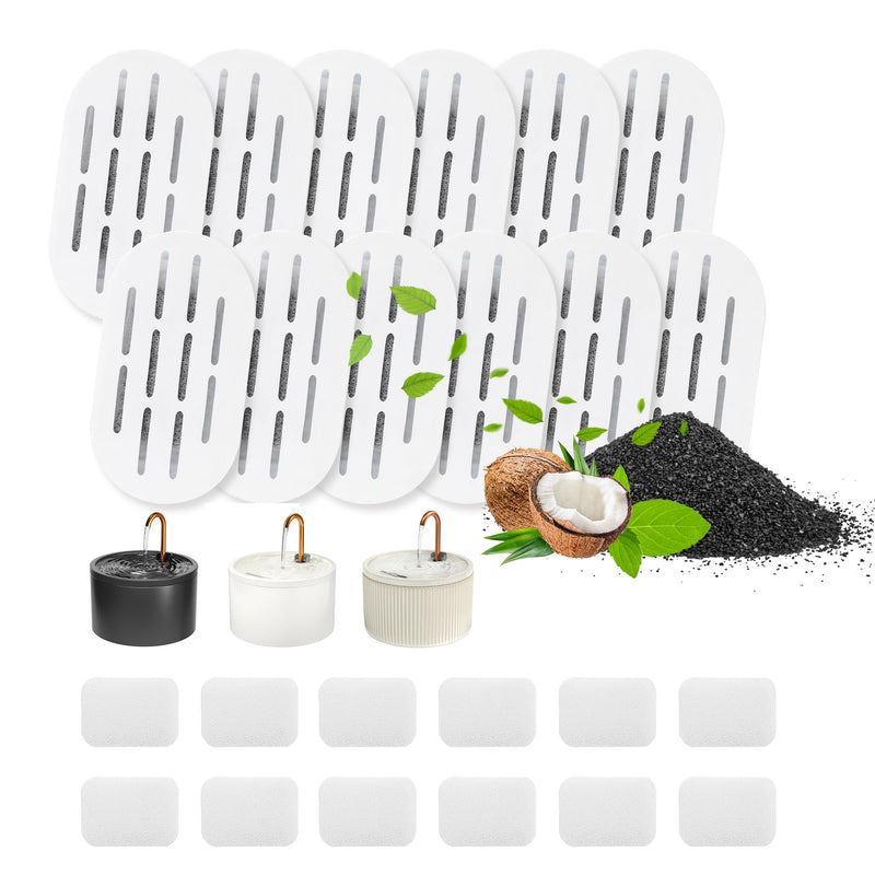 MISFANS Ceramic Cat Water Fountain Filters, 12 Pack Replacement Filters & 12 Pack Replacement Pre-Filter Sponges Set for MISFANS and Other Ceramic Pet Fountain Water Dispenser 12 Filters + 12 Sponges(3-4 month supply)